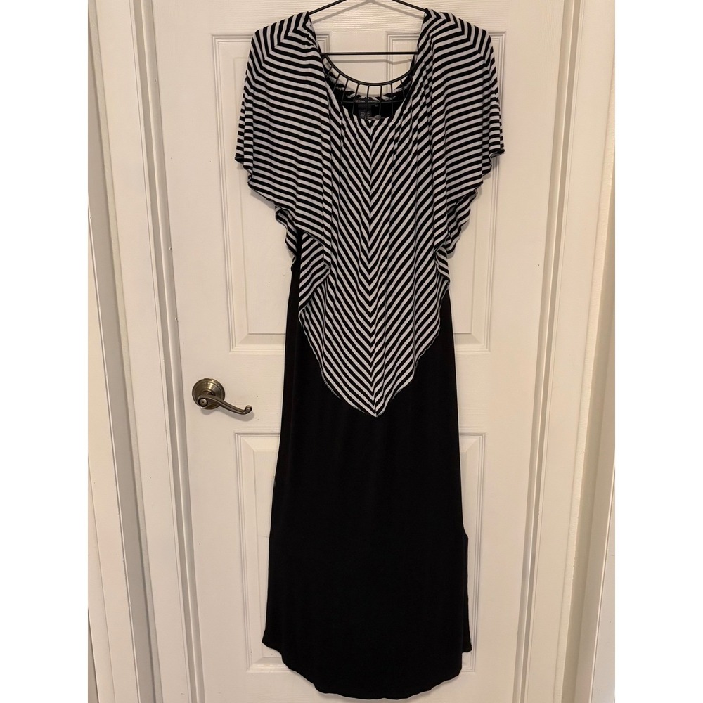 Chelsea & Theodore Maxi Dress L Black White Striped Overlay Stretch Short Sleeve
